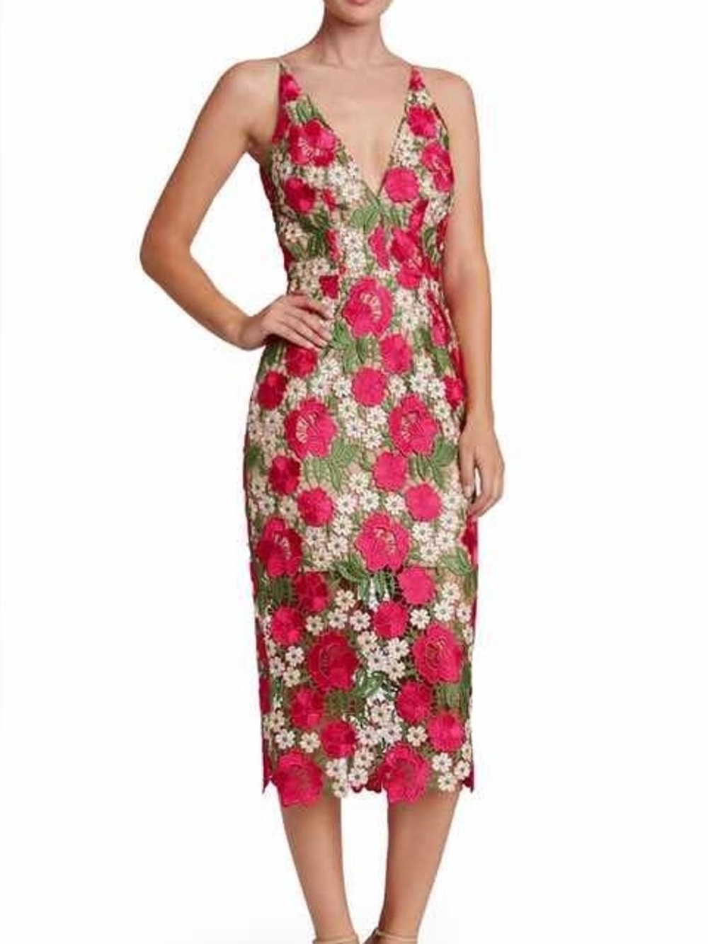 Xscape Floral Lace V-Neck Midi Dress in Fuchsia and Green